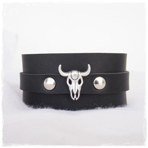 Bull Head Wide Leather Bracelet Cuff