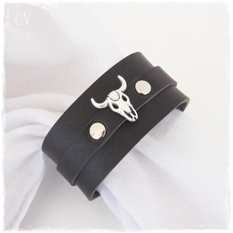 Bull Head Wide Leather Cuff Bracelet